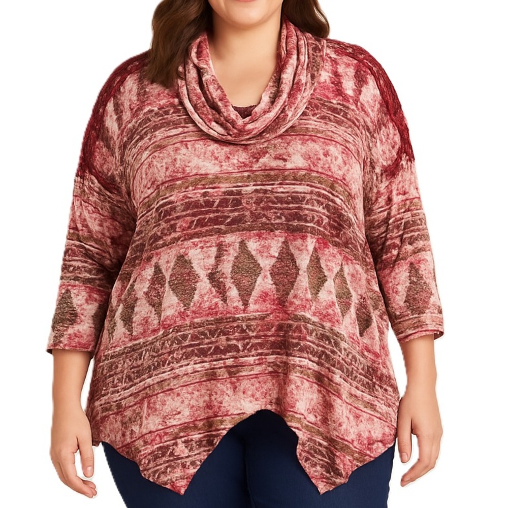 Absolutely‎ Famous Womens 3X Boho Aztec Print Top Pink Red Cowl Neck Plus Size - Picture 4 of 13